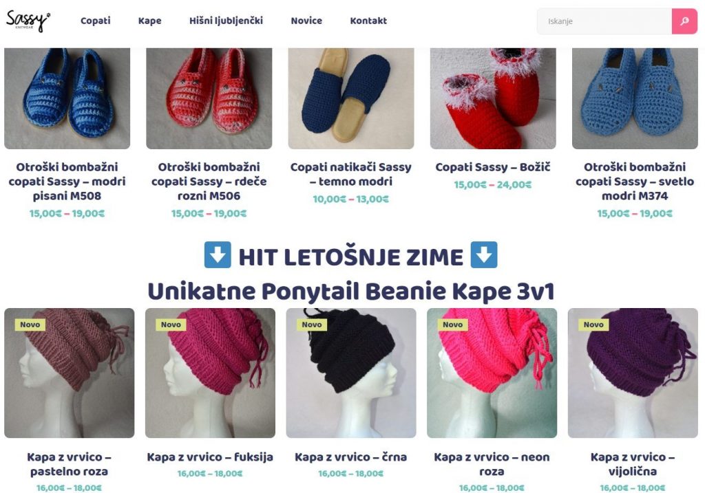 Sassy Unikatne pletenine - Spletna prodaja pletenih kap, rokavic, šalov, trakov, copatov za otroke in odrasle ter pasjih puloverjev in postelj za hišne ljubljenčke